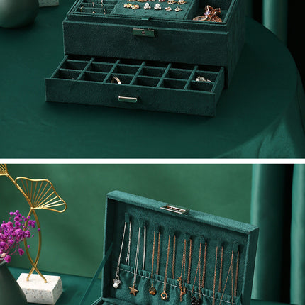 Vintage 3-Layer Lockable Flannelette Jewelry Box – Antique Organizer Case for Rings, Earrings, Necklaces & More
