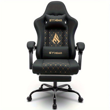 SYMINO Ergonomic Gaming Chair with Footrest & Lumbar Support – Adjustable Recliner PC Chair with Memory Foam & Leather Finish – Black & Grey