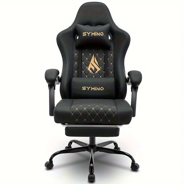 SYMINO Ergonomic Gaming Chair with Footrest & Lumbar Support – Adjustable Recliner PC Chair with Memory Foam & Leather Finish – Black & Grey
