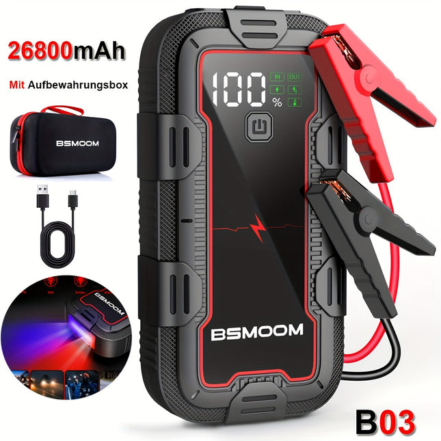 BSMOOM 12V 6000A Car Jump Starter – High-Capacity Battery Booster Pack with LED Flashlight, LCD Display, Power Bank & Quick Charge