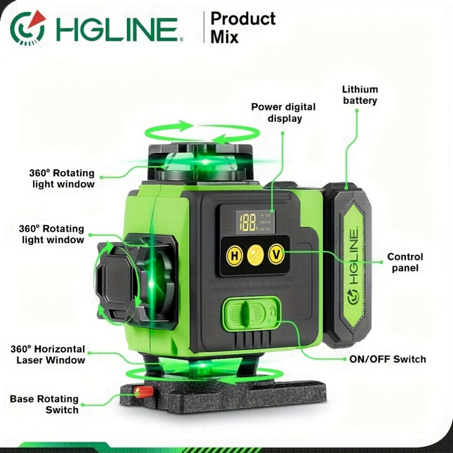 HGLINE 16-Line 4D Laser Level – 360° Green Beam Self-Leveling Tool with 2 Rechargeable Batteries, for Construction, DIY & Picture Hanging