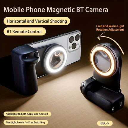 Smartphone Camera Handle – 360° Rotating Grip with Magnetic Remote Shutter & Self-Light for Selfies, Vlogging & Live Streaming