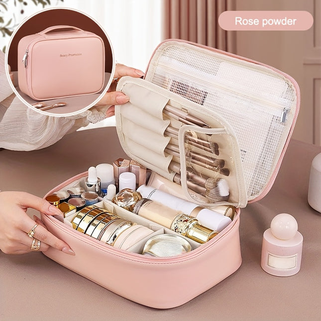 Large Capacity Multi-Layer Detachable Cosmetic Bag – PU Travel Makeup Organizer with Brush Holder, Portable & Odorless, Unisex Beauty Essentials Storage, Ideal Couples Gift