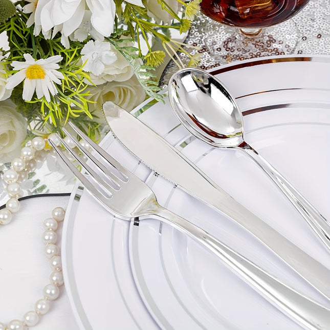250pcs Elegant Gold & Silver Plastic Dinnerware Set – Plates & Cutlery for 50 Guests