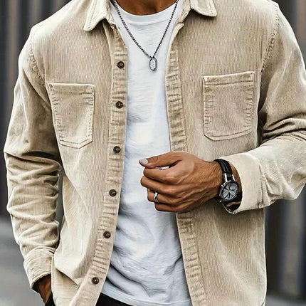 Men’s Casual Corduroy Shirt – White Long Sleeve Button-Up with Double Patch Pockets, Fall Street Style Essential