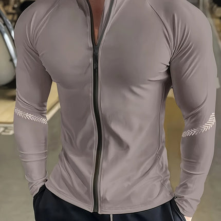 Men’s Ultra-Breathable Long Sleeve Sports Jacket – Quick-Dry Slim Fit with Chest Pockets, Stand Collar & Striped Accents