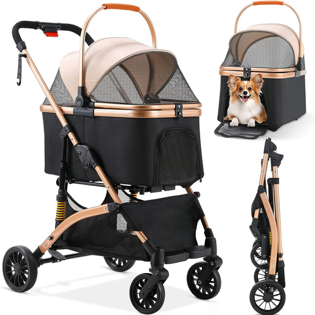 3-in-1 Foldable Dog & Cat Stroller – Pet Pushchair, Crate & Carrier with Storage, Shock-Absorbing Wheels & Net Window | Champagne