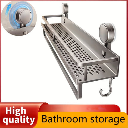 1pc Rustproof Wall-Mounted Shower Caddy with Suction Cups – Polished Floating Shelf with Towel Hooks, Space-Saving Bathroom Organizer for Shampoo, Soap & Essentials