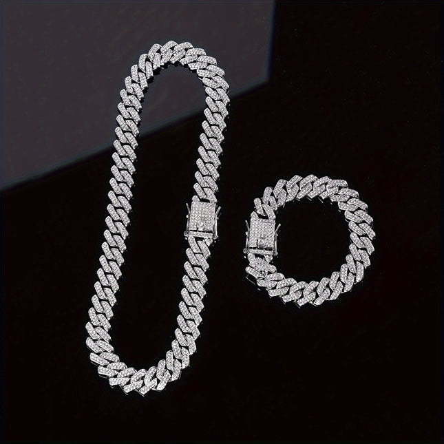 2pcs Unisex Hip Hop Jewelry Set – Silver Plated Necklace + Bracelet with Rhinestones | Punk Style Chain Set for Men & Women