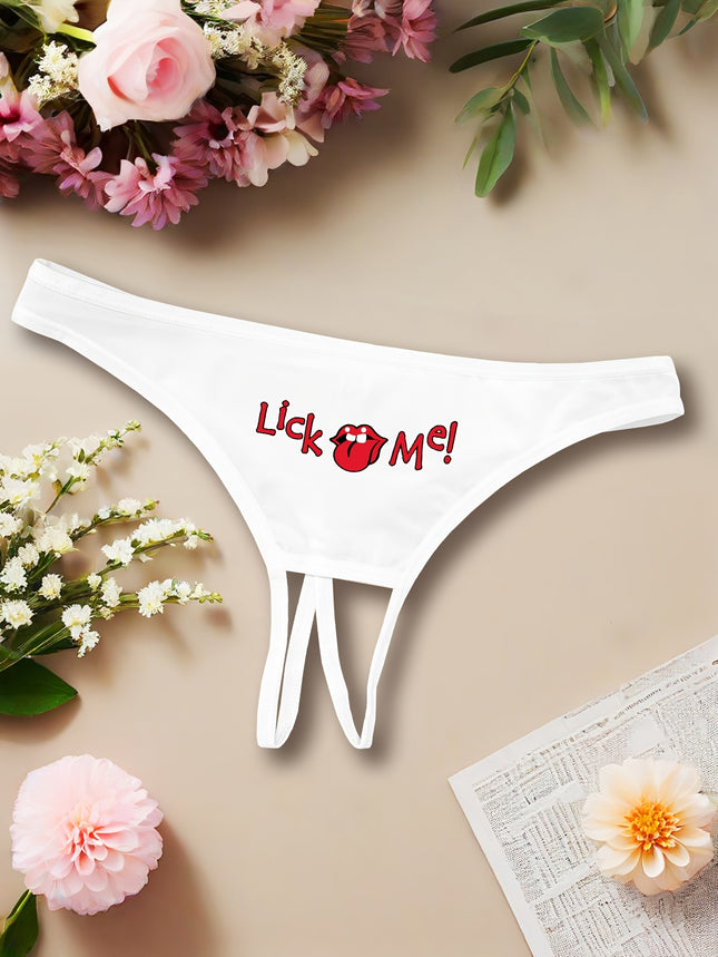 Women's White Sexy Thong – “LICK ME!” Red Letter Print | Bold & Playful Lingerie for Confident Women