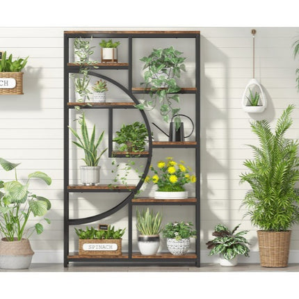 Modern 5-Tier Freestanding Bookshelf – Rustic Brown Wood with Black Metal Frame, 9 Open Shelves & Curved Half-Moon Design for Living Room, Bedroom, or Office