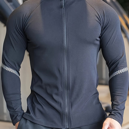 Men’s Ultra-Breathable Long Sleeve Sports Jacket – Quick-Dry Slim Fit with Chest Pockets, Stand Collar & Striped Accents