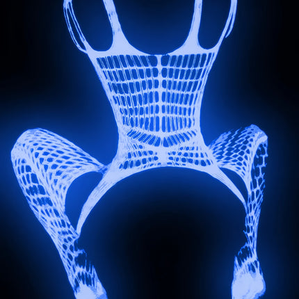 Women’s Glow-in-the-Dark Fishnet Bodysuit – Luminous See-Through Suspender Stockings, Sexy Full-Body Fishnet Lingerie for Nightclub & Festival