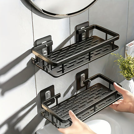 2pcs Black Stainless Steel Wall-Mounted Bathroom Shelves – No-Drill Shower Caddy with Hooks – Rust-Proof, Tiered Storage Organizer for Shampoo & Essentials