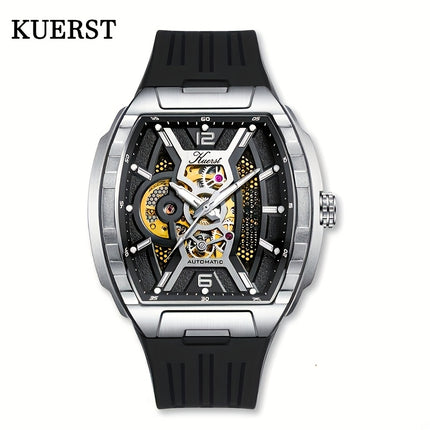 KUERST Men's Automatic Mechanical Watch – 3D Hollow Dial, Barrel Shape, Self-Winding, Vintage Sports Business Style with Rubber Strap