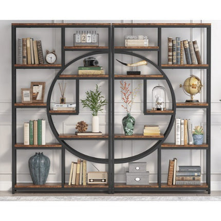 Modern 5-Tier Freestanding Bookshelf – Rustic Brown Wood with Black Metal Frame, 9 Open Shelves & Curved Half-Moon Design for Living Room, Bedroom, or Office