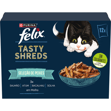 Purina Felix Tasty Shreds Wet Cat Food Fish Selection in Sauce (Salmon, Tuna, Cod & Sole) 12x80g | 100% Balanced Meals