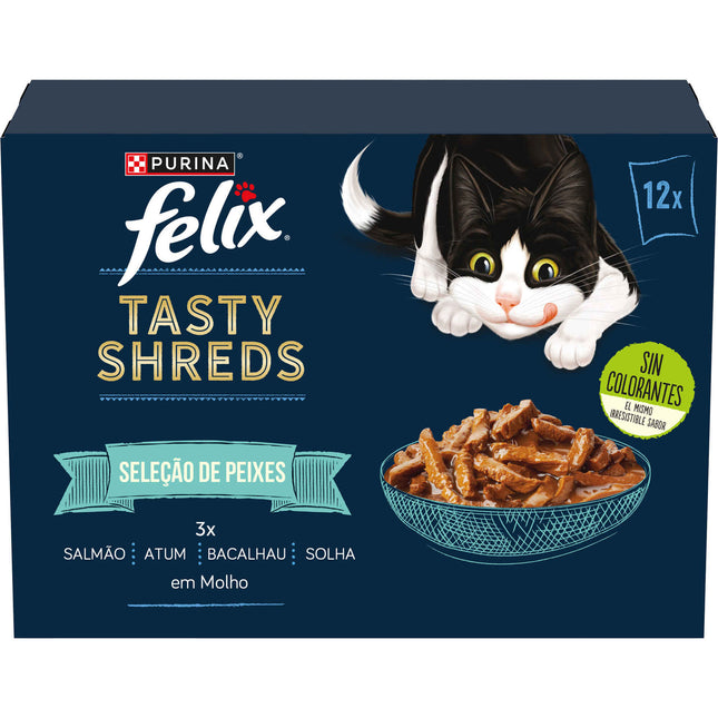 Purina Felix Tasty Shreds Wet Cat Food Fish Selection in Sauce (Salmon, Tuna, Cod & Sole) 12x80g | 100% Balanced Meals