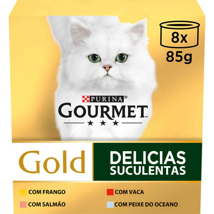 Purina Gourmet Gold Delícias Suculentas Multivariedade 8x85g | Soft, Slow-Cooked Meals for Adult Cats
