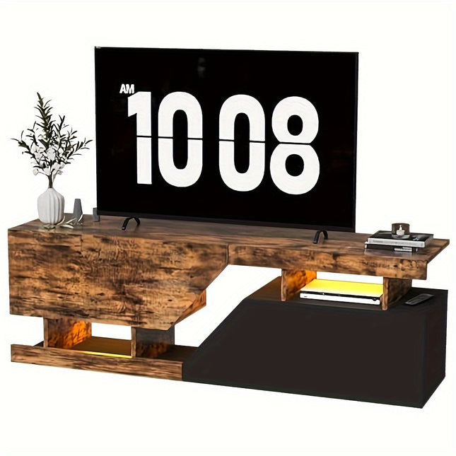 Retro TV Stand for TVs up to 65” – 140cm Wood Entertainment Unit with 2 Drawers & Open Shelf, Floor-Mounted Media Console in Brown/Black by MSFE