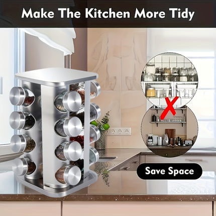 Rotating Stainless Steel Spice Rack Organizer with Glass Jars – 2/3/4/5-Tier Polished Cubby Shelf for Seasoning, Dishware & Countertop Storage
