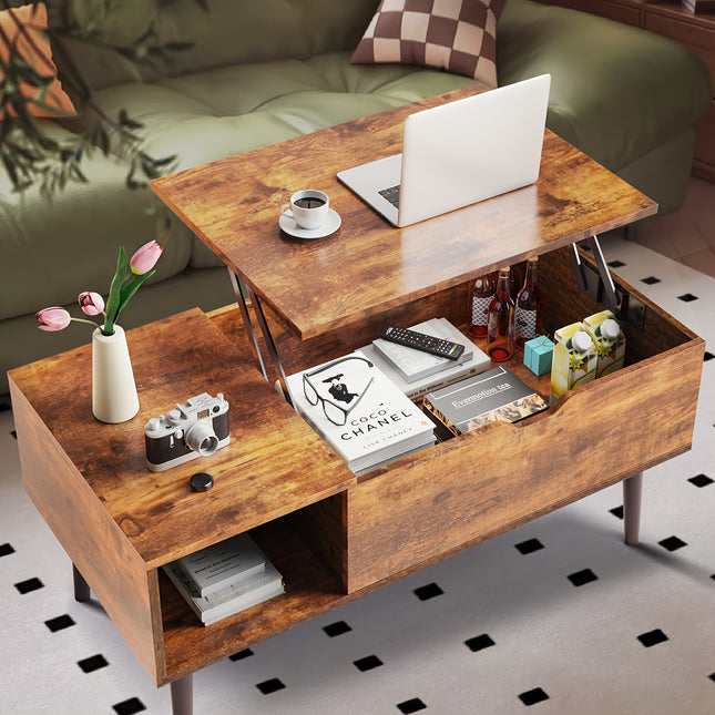 Adjustable Height Coffee Table – Multifunctional Classic Table with Hidden Storage | Engineered Wood & Metal | Ideal for Living Room, Bedroom, or Office