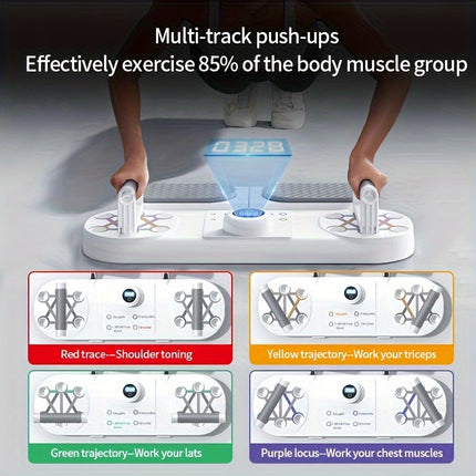 Multi-Functional Push-Up Stand with Timer, Resistance Bands & Tablet Holder – Portable Home Gym with Carry Case – Battery-Powered (White/Grey)