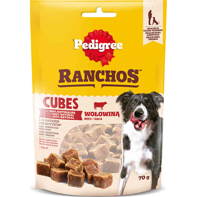 Pedigree Ranchos Beef Cubes 70g | Natural Meat Dog Treats with Prebiotics | Healthy Reward for All Breeds