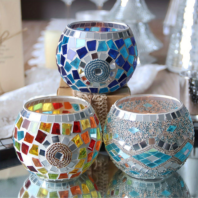 Set of 3 Handcrafted Turkish Moroccan Mosaic Glass Candle Holders | Lacquered Finish | Tabletop Decor for Holidays & Special Occasions