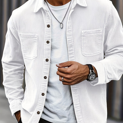 Men’s Casual Corduroy Shirt – White Long Sleeve Button-Up with Double Patch Pockets, Fall Street Style Essential