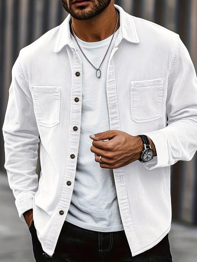 Men’s Casual Corduroy Shirt – White Long Sleeve Button-Up with Double Patch Pockets, Fall Street Style Essential