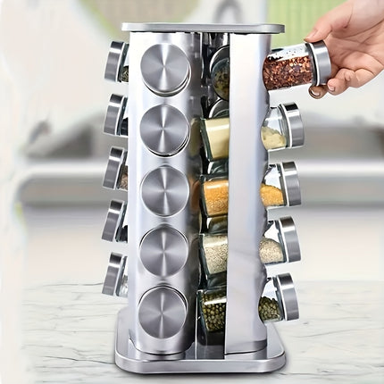 Rotating Stainless Steel Spice Rack Organizer with Glass Jars – 2/3/4/5-Tier Polished Cubby Shelf for Seasoning, Dishware & Countertop Storage
