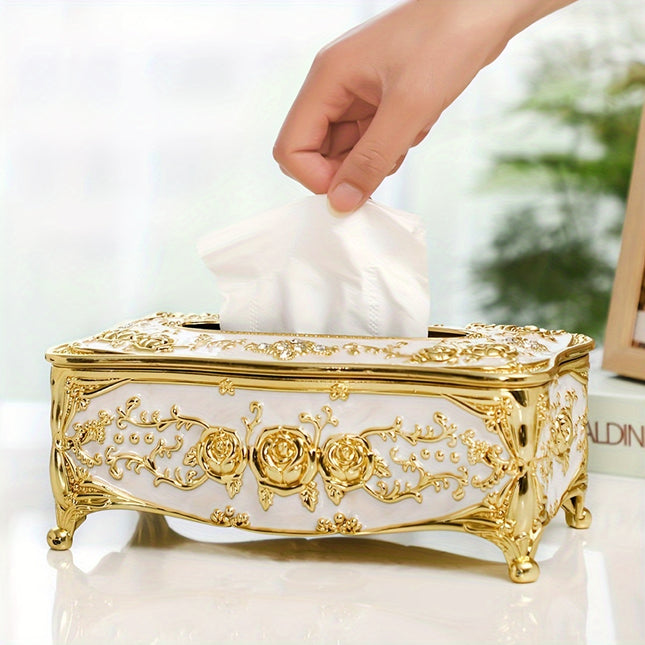 Luxury Rose Pattern Tissue Box 🌹 | Golden-Plated Square Paper Holder for Home & Hospitality