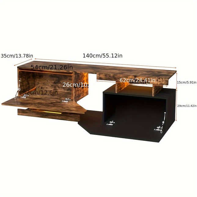 Retro TV Stand for TVs up to 65” – 140cm Wood Entertainment Unit with 2 Drawers & Open Shelf, Floor-Mounted Media Console in Brown/Black by MSFE