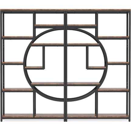 Modern 5-Tier Freestanding Bookshelf – Rustic Brown Wood with Black Metal Frame, 9 Open Shelves & Curved Half-Moon Design for Living Room, Bedroom, or Office