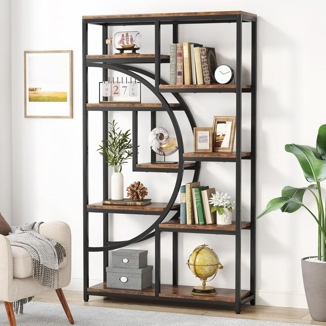 Modern 5-Tier Freestanding Bookshelf – Rustic Brown Wood with Black Metal Frame, 9 Open Shelves & Curved Half-Moon Design for Living Room, Bedroom, or Office