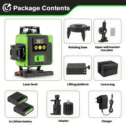 HGLINE 16-Line 4D Laser Level – 360° Green Beam Self-Leveling Tool with 2 Rechargeable Batteries, for Construction, DIY & Picture Hanging
