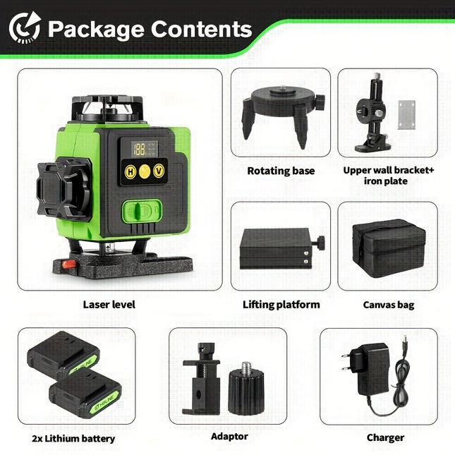 HGLINE 16-Line 4D Laser Level – 360° Green Beam Self-Leveling Tool with 2 Rechargeable Batteries, for Construction, DIY & Picture Hanging