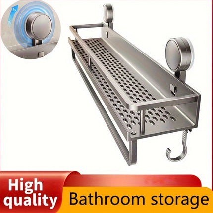 1pc Rustproof Wall-Mounted Shower Caddy with Suction Cups – Polished Floating Shelf with Towel Hooks, Space-Saving Bathroom Organizer for Shampoo, Soap & Essentials