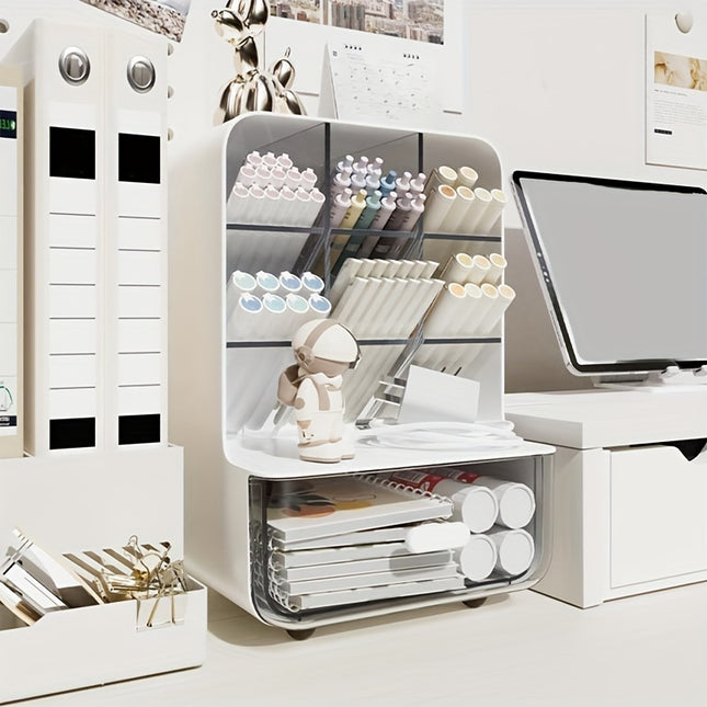 6-Section Modern Plastic Desk Organizer with Drawer | Multi-Compartment Stationery Holder