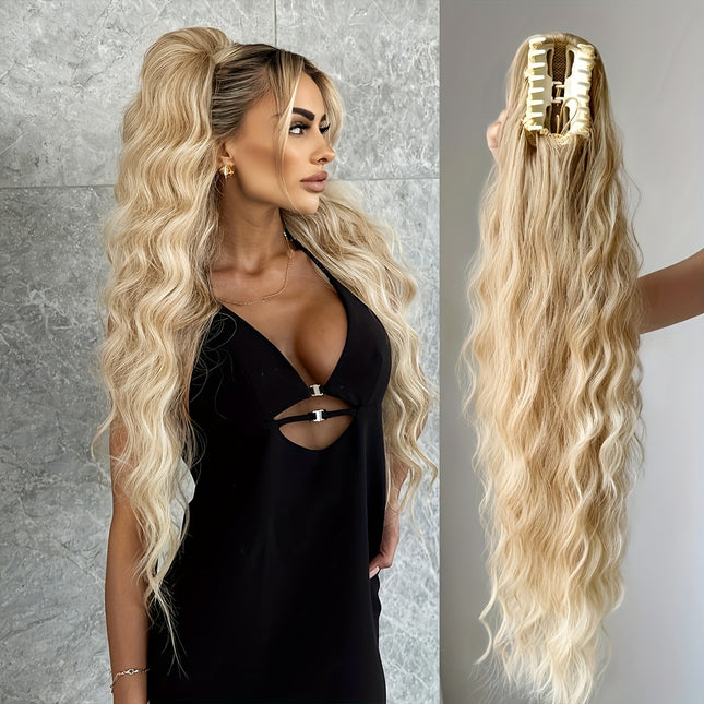 Blonde Water Wave Claw Ponytail Extension – 71cm Long Heat-Resistant Synthetic Hairpiece for Women’s Everyday Glam