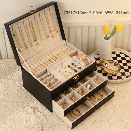 Vintage Faux Leather Jewelry Box – 3-Layer Organizer with Drawers & Buckle Closure for Rings, Earrings, Necklaces & Accessories | Elegant Gift for Women