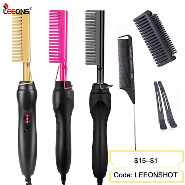 Leeons Electric Hot Comb Hair Straightener – Wet & Dry Use, 230°C Heating, Tourmaline Ceramic Flat Iron