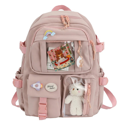 Cute Women’s Waterproof Nylon Backpack – Multi-Pocket Kawaii School & Laptop Bag (Fits 15-inch Laptop, A4 Books)
