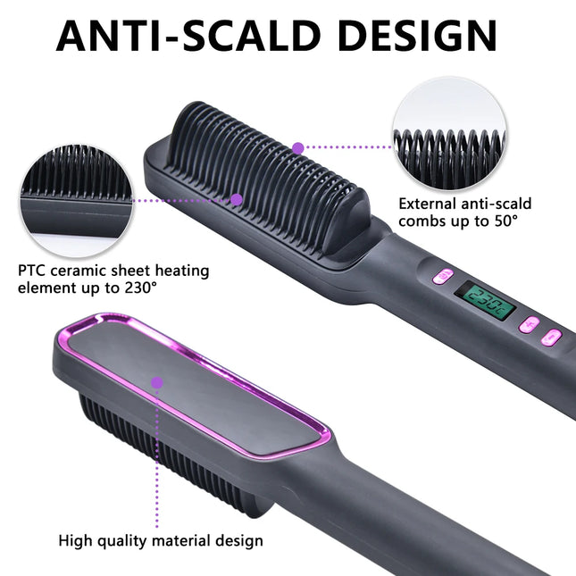 Electric Hot Comb Hair Straightener Brush – Negative Ion Anti-Scalding Styling Tool with LED Display | Multifunctional Straightening Comb for Dry & Wet Hair