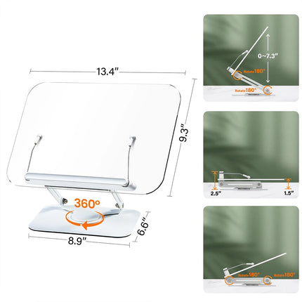 Adjustable Acrylic Book Stand with 360° Rotating Base – Foldable Desktop Reading Holder with Elastic Page Clips & Height Adjustment