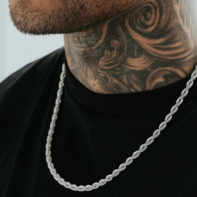 Stainless Steel Rope Chain Necklace for Men & Women – 2mm to 5mm, Gold/Silver, Twist Link Design, 16-36” Length – Minimalist & Punk Style