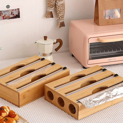 1pc Bamboo Kitchen Wrap Dispenser – Foil & Cling Film Cutter Box – Fresh Bag, Plastic & Trash Bag Holder – Eco-Friendly Organizer