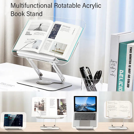 Adjustable Acrylic Book Stand with 360° Rotating Base – Foldable Desktop Reading Holder with Elastic Page Clips & Height Adjustment