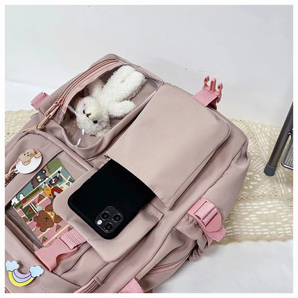 Cute Women’s Waterproof Nylon Backpack – Multi-Pocket Kawaii School & Laptop Bag (Fits 15-inch Laptop, A4 Books)